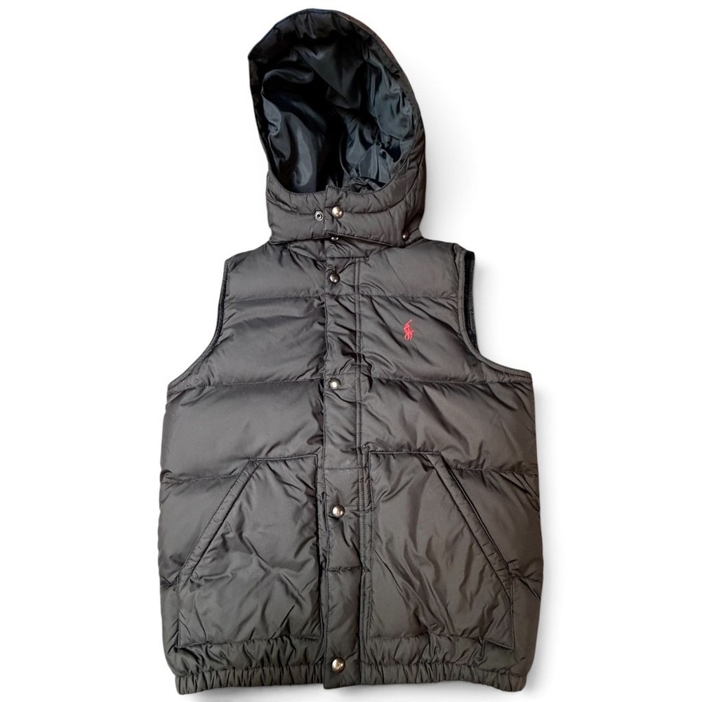 Polo Ralph Lauren Black Down Puffer Vest Removable Hood Red Pony Women's M 12/14